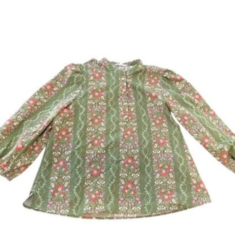 Mary Square Olive Green Floral Stripe Balloon‎ Sleeve Blouse XL
